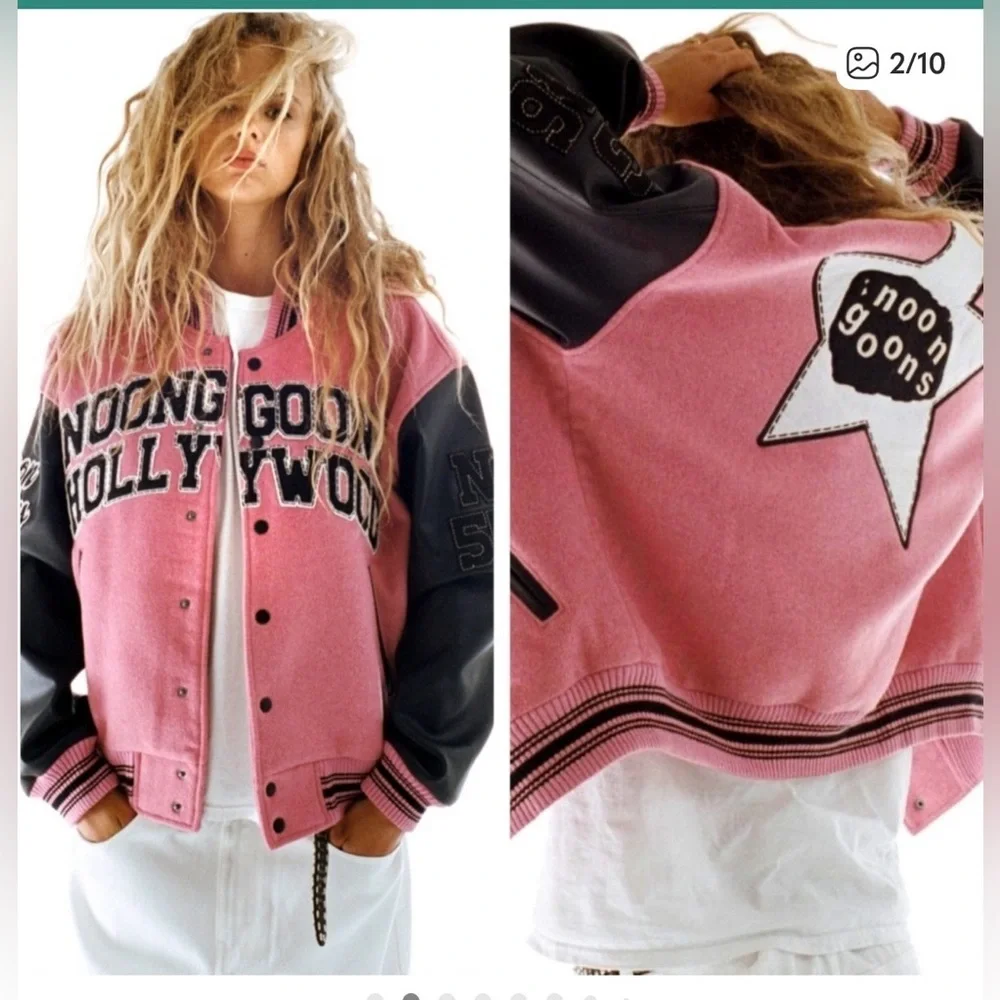 Noon Goons Varsity Jacket, Pink and Black Vegan Leather sz small